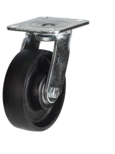 Black rubber swivel castor wheel with steel mounting plate for trolleys and warehouse equipment.